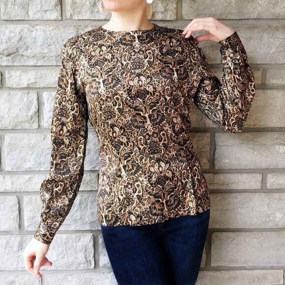 Vintage 100% Silk Gold & Black 'Baroque' Print Blouse - Picture 1 of 6